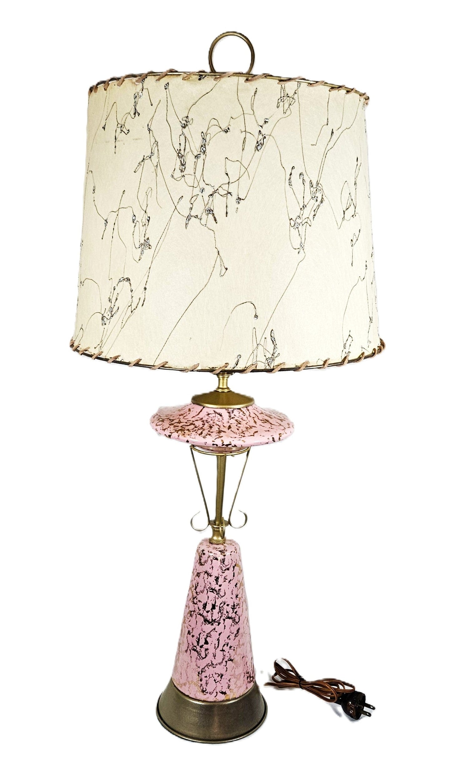 MCM Retro Atomic Lamp Lighting MCM Retro Atomic Large Pink & Gold Ceramic + Brass Table Lamp Orig Shade