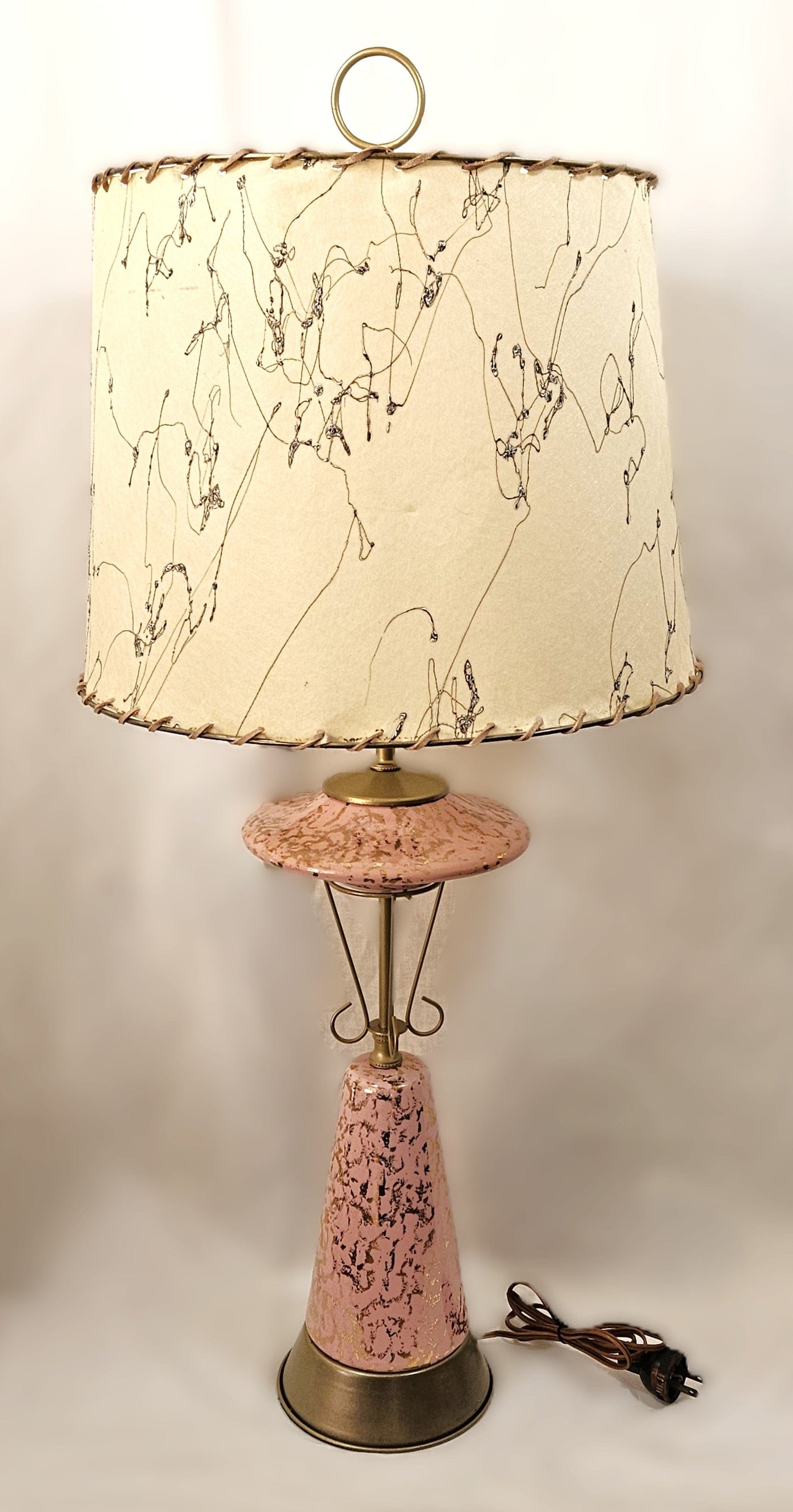 MCM Retro Atomic Lamp Lighting MCM Retro Atomic Large Pink & Gold Ceramic + Brass Table Lamp Orig Shade