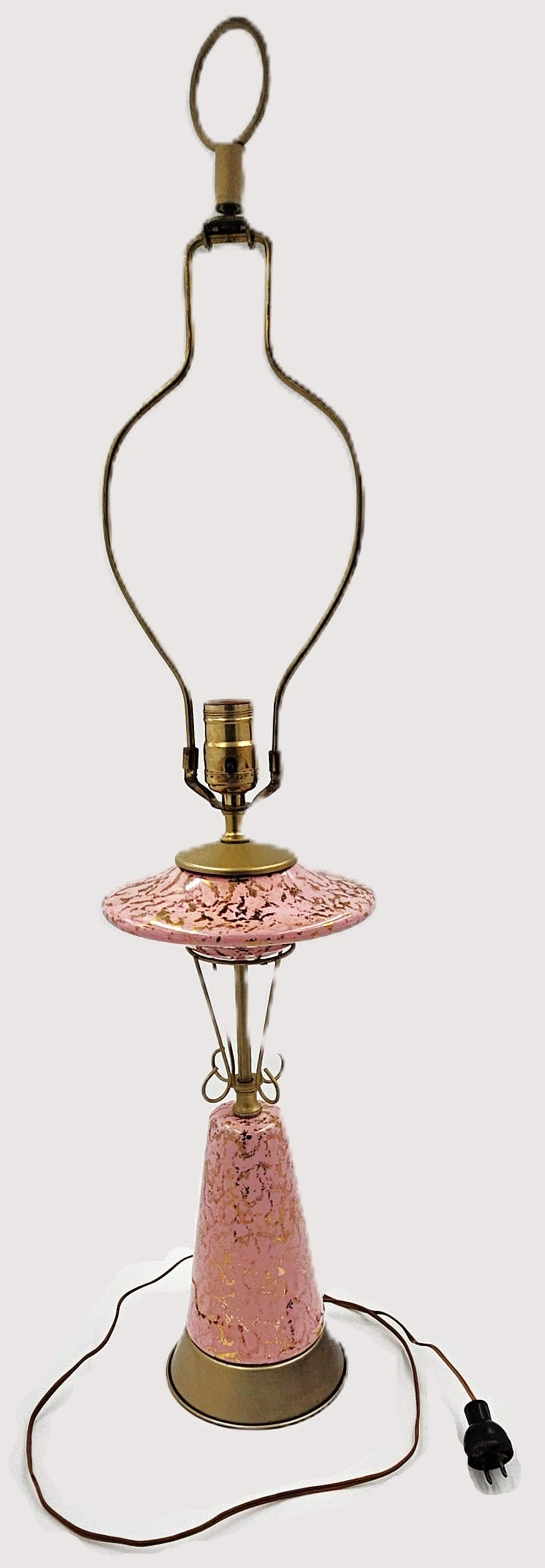 MCM Retro Atomic Lamp Lighting MCM Retro Atomic Large Pink & Gold Ceramic + Brass Table Lamp Orig Shade
