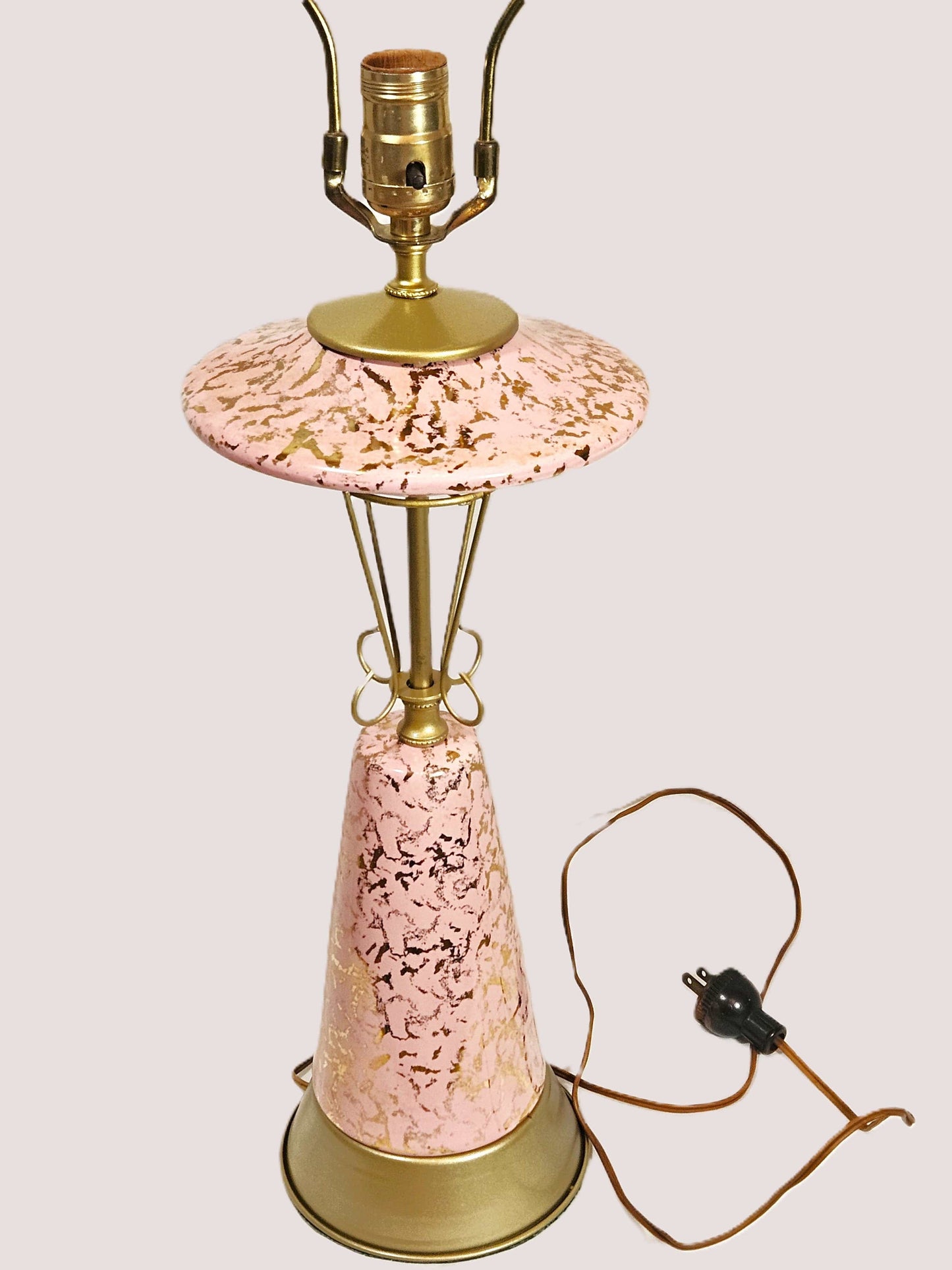 MCM Retro Atomic Lamp Lighting MCM Retro Atomic Large Pink & Gold Ceramic + Brass Table Lamp Orig Shade
