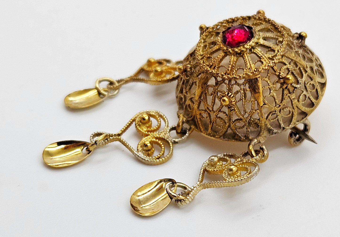 MCM Sterling Garnet Solje Jewelry MCM Scandinavian Gilt Sterling Domed Filagree Solje Brooch w/Garnet Stone