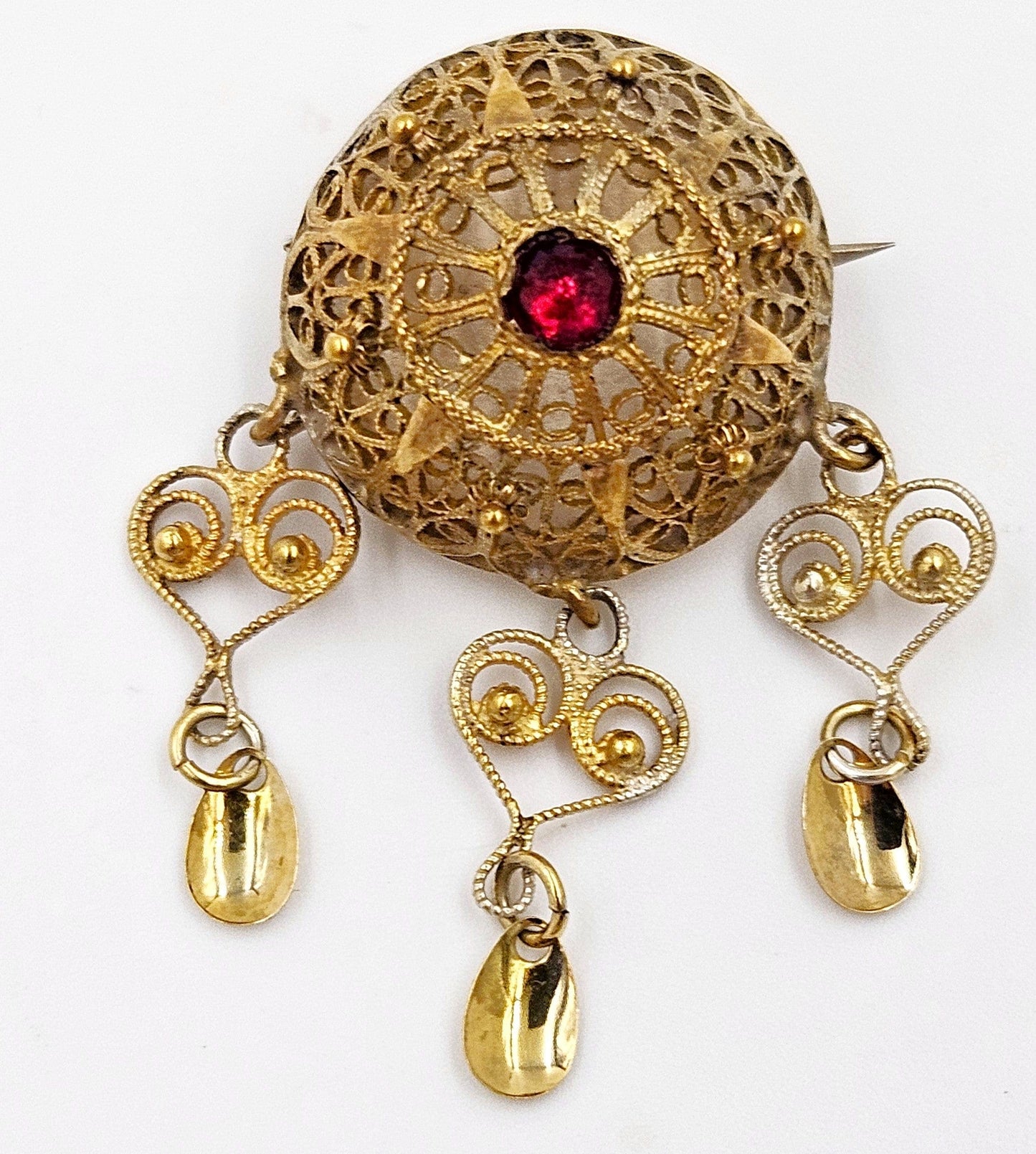 MCM Sterling Garnet Solje Jewelry MCM Scandinavian Gilt Sterling Domed Filagree Solje Brooch w/Garnet Stone
