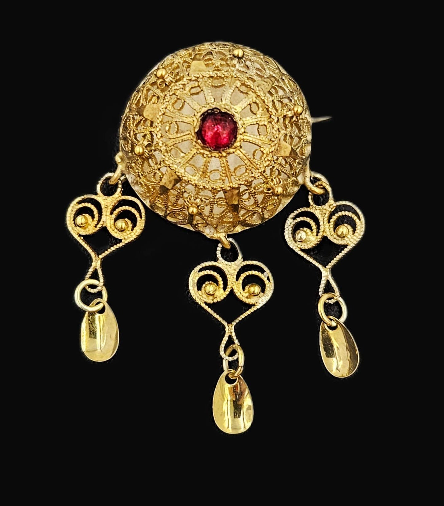 MCM Sterling Garnet Solje Jewelry MCM Scandinavian Gilt Sterling Domed Filagree Solje Brooch w/Garnet Stone