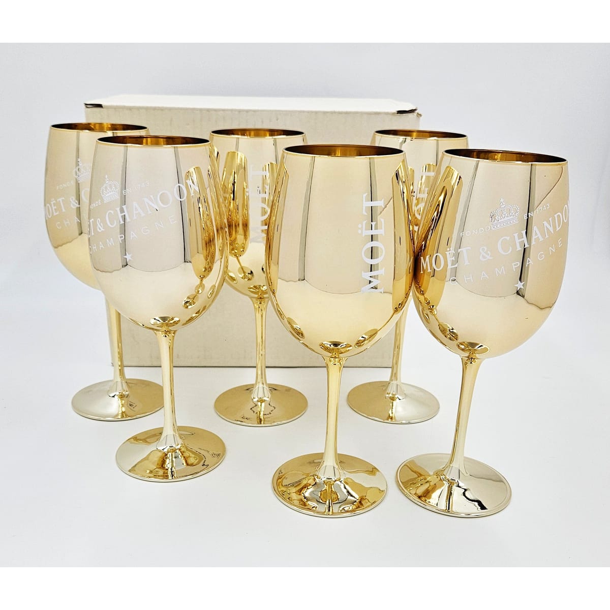 Moet Chandon Barware NOS Gold Crystal Glass Moët & Chandon Wine Water Champagne Goblets IOB