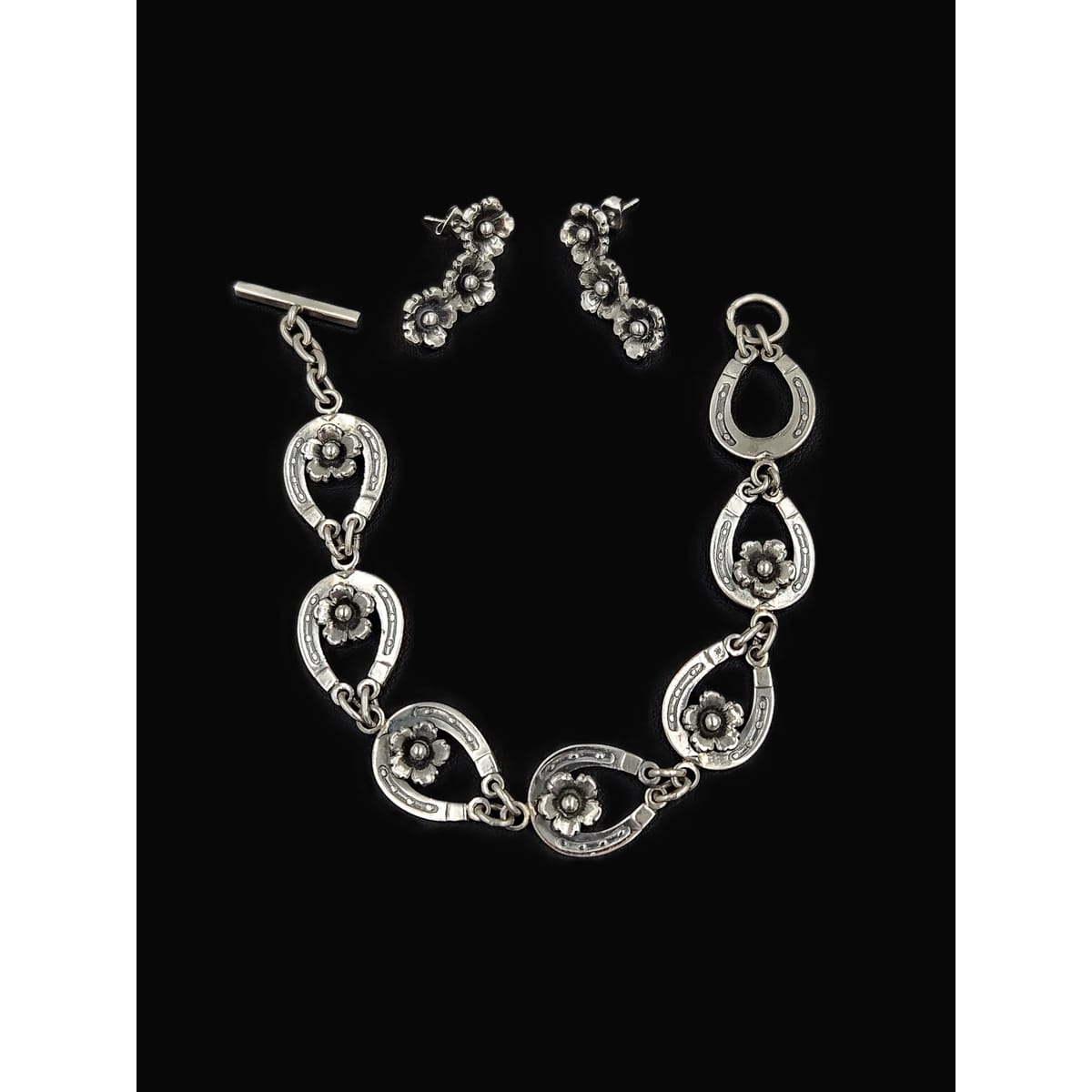 Niels Erik From Jewelry Danish NE From Sterling Horseshoes Flowers Links Demi Parure Set C. 1940&