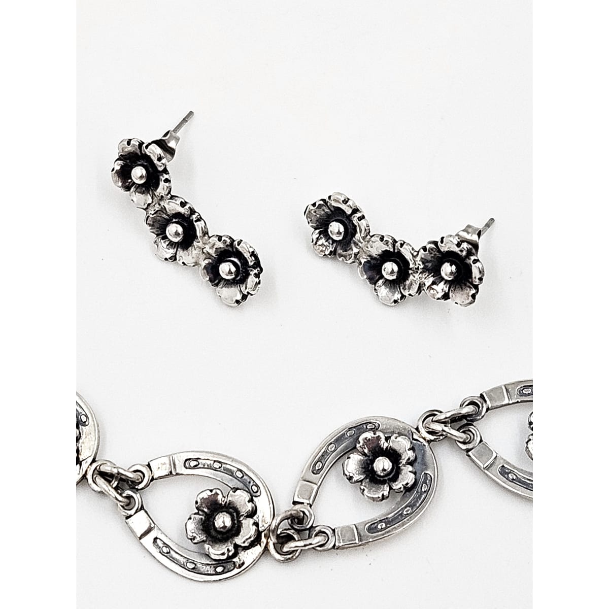 Niels Erik From Jewelry Danish NE From Sterling Horseshoes Flowers Links Demi Parure Set C. 1940&