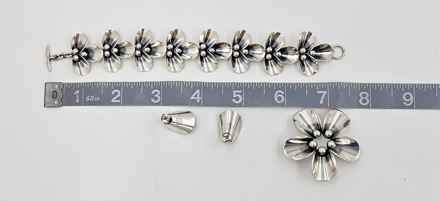 Niels Erik From Jewelry Danish NE From Sterling Modernist Flowers Demi Parure Set C. 1950s