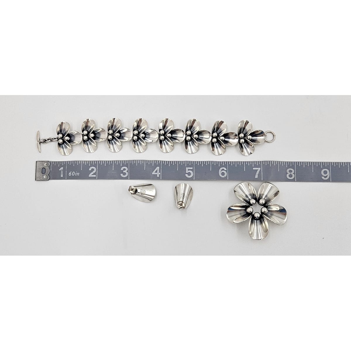 Niels Erik From Jewelry Danish NE From Sterling Modernist Flowers Demi Parure Set C. 1950s