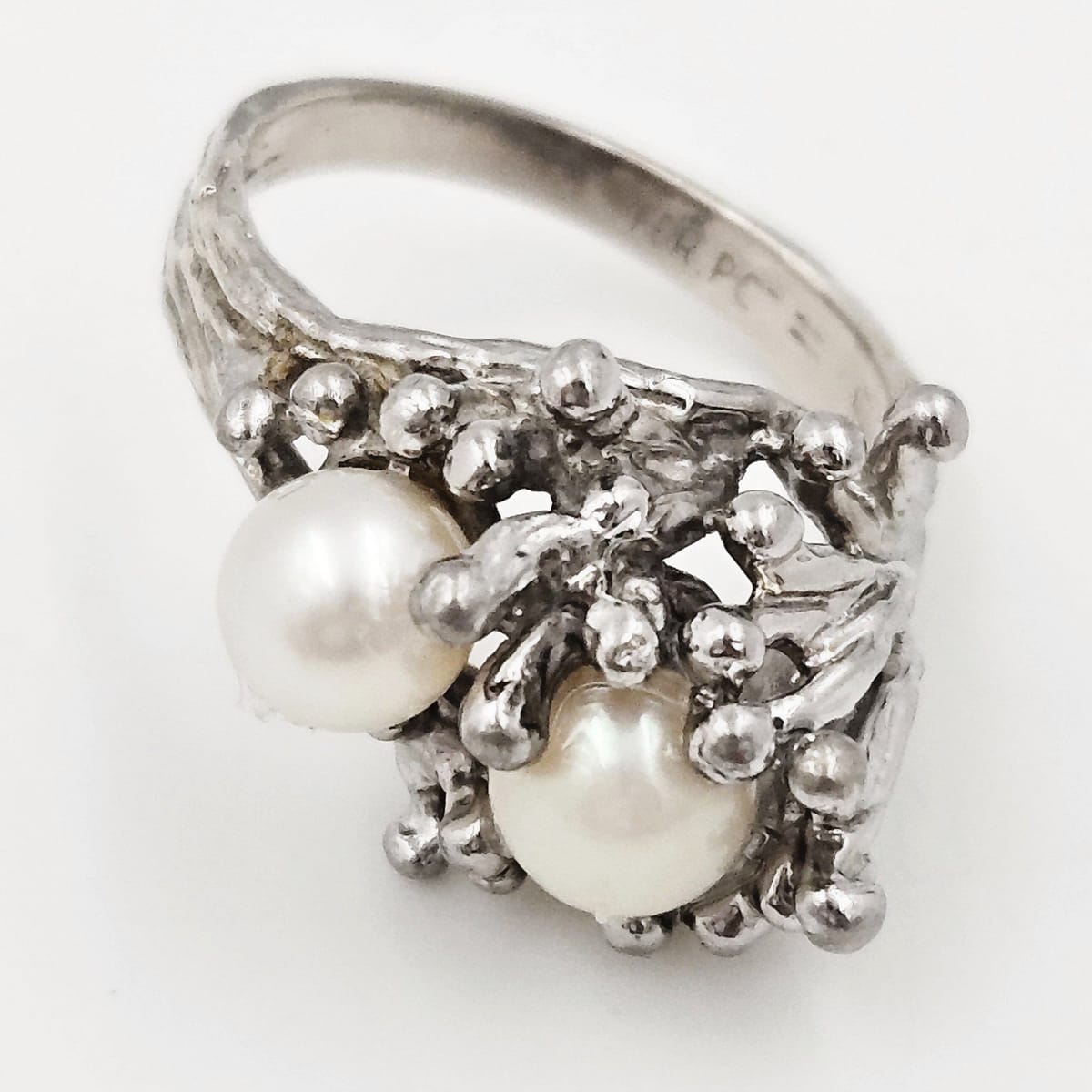 PC Jewelry Vintage Designer PC Sterling Silver & Pearl Brutalist Cocktail Ring