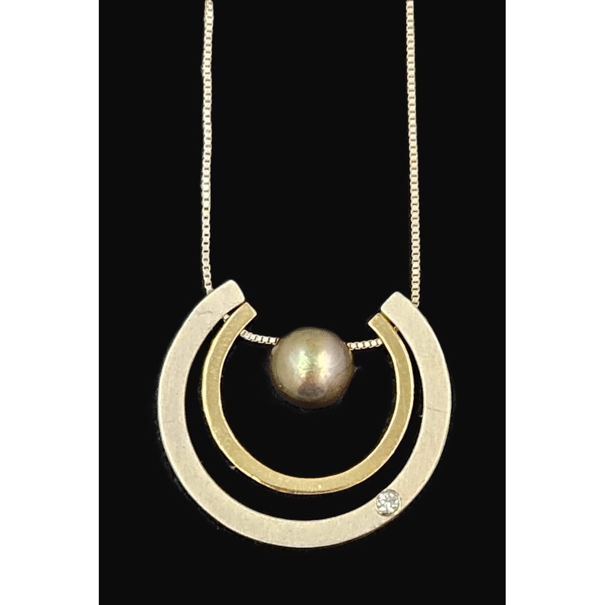 PM Jewelry Designer Signed 925 10K Silver Diamond & Pearl Pendant Necklace