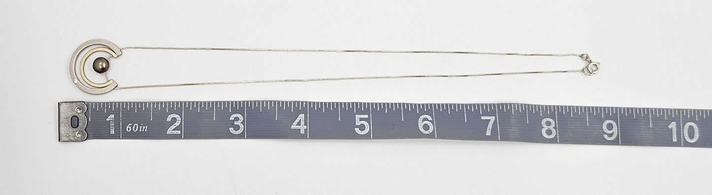 PM Jewelry Designer Signed 925 10K Silver Diamond & Pearl Pendant Necklace