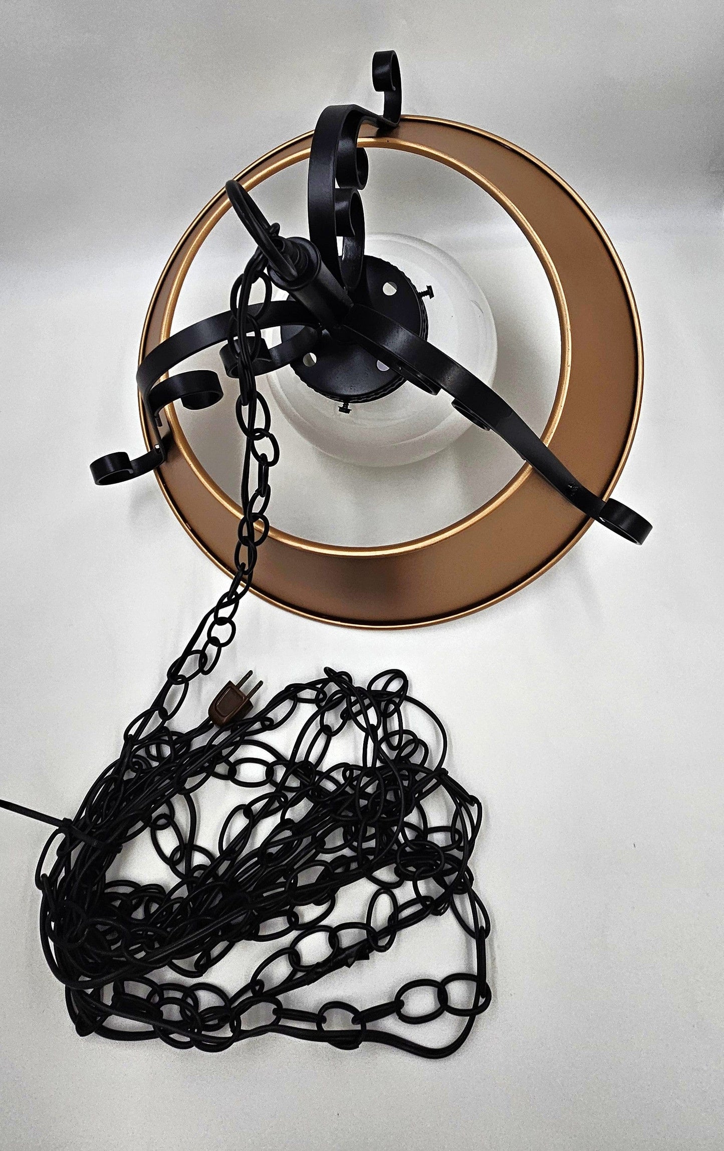 Refurbished MCM Swag Chandelier Lighting Superb 1960's Wrought Iron + Enameled Steel & Glass Globe Swag Chandelier