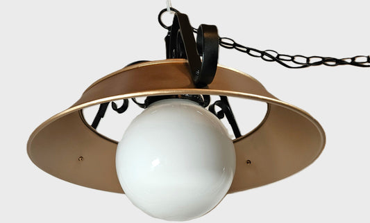 Refurbished MCM Swag Chandelier Lighting Superb 1960's Wrought Iron + Enameled Steel & Glass Globe Swag Chandelier