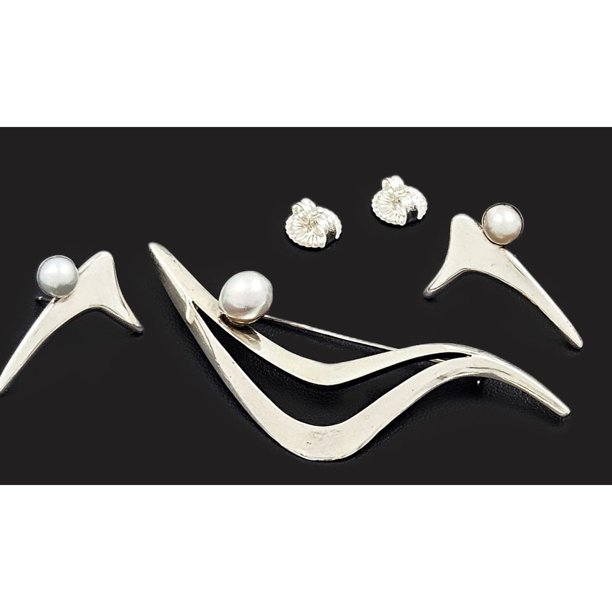 Sigi Tasco Jewelry Superb Sigi Tasco Sterling & Pearl Modernist Demi Parure Set 1940s