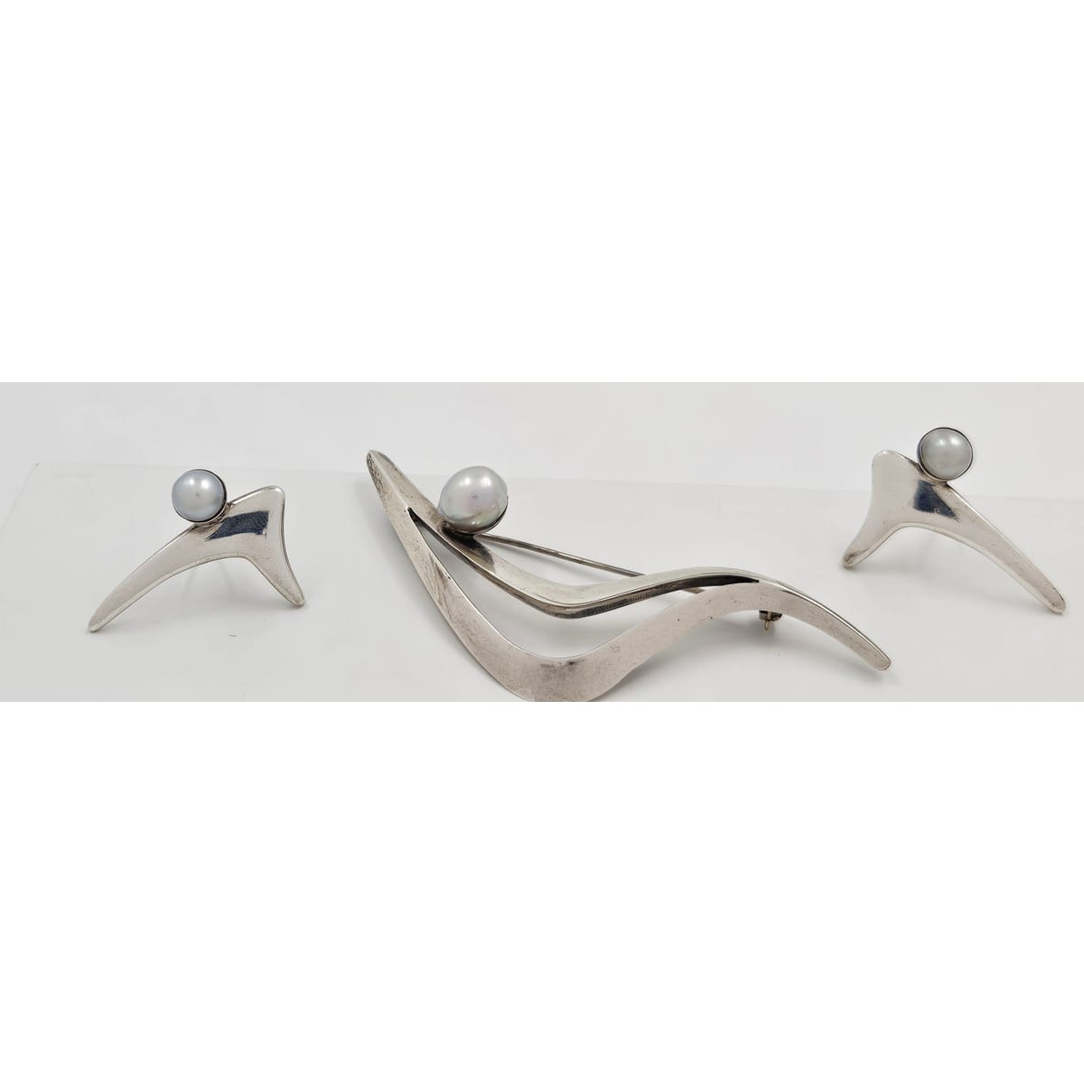 Sigi Tasco Jewelry Superb Sigi Tasco Sterling & Pearl Modernist Demi Parure Set 1940s