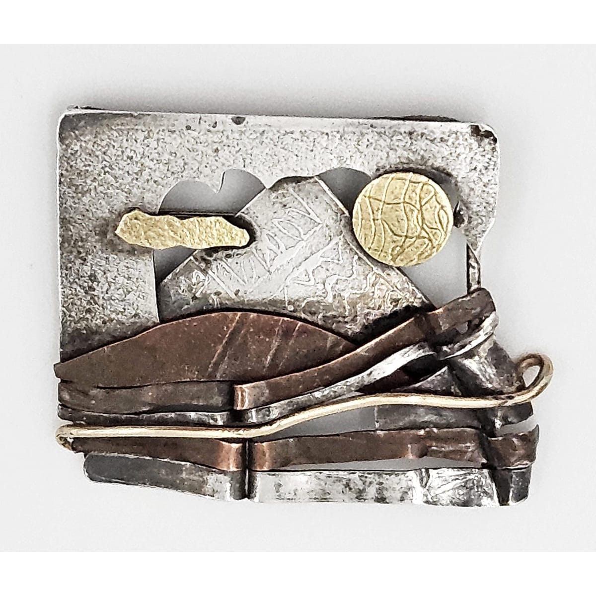 SRH Sterling Jewelry Vintage Artisan Signed SRH Sterling & Mixed Metals Abstract Mod Brooch