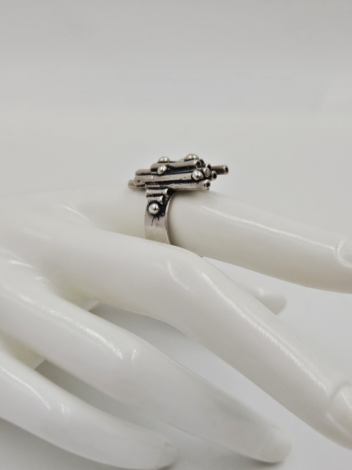 ST 925 Brutalist Ring Jewelry Artisan Signed Sterling Abstract Modernist Brutalist 3D Statement Ring C. 1960s
