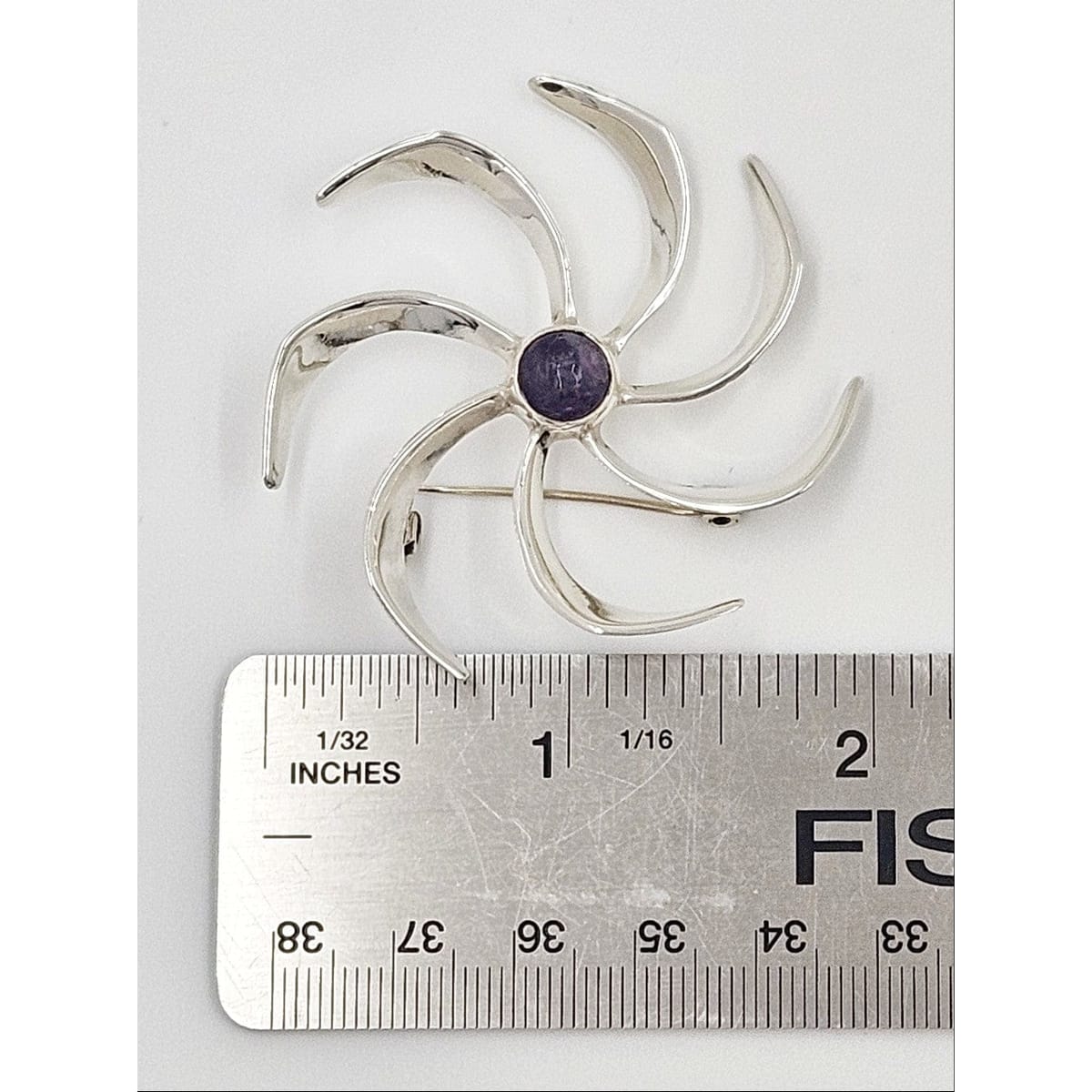 Taxco Sterling Jewelry Taxco Artist JH Sterling Silver & Amethyst Modernist Pin Wheel Brooch C. 1960s