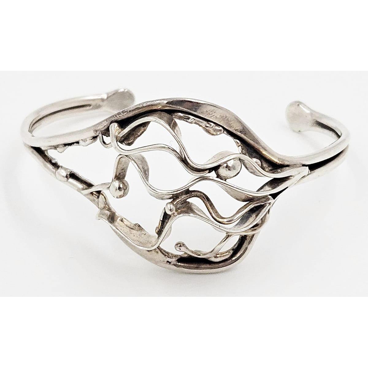 TJM Sterling Jewelry Artisan Signed TJM Sterling Abstract Modernist Brutalist Cuff Bracelet 1990s
