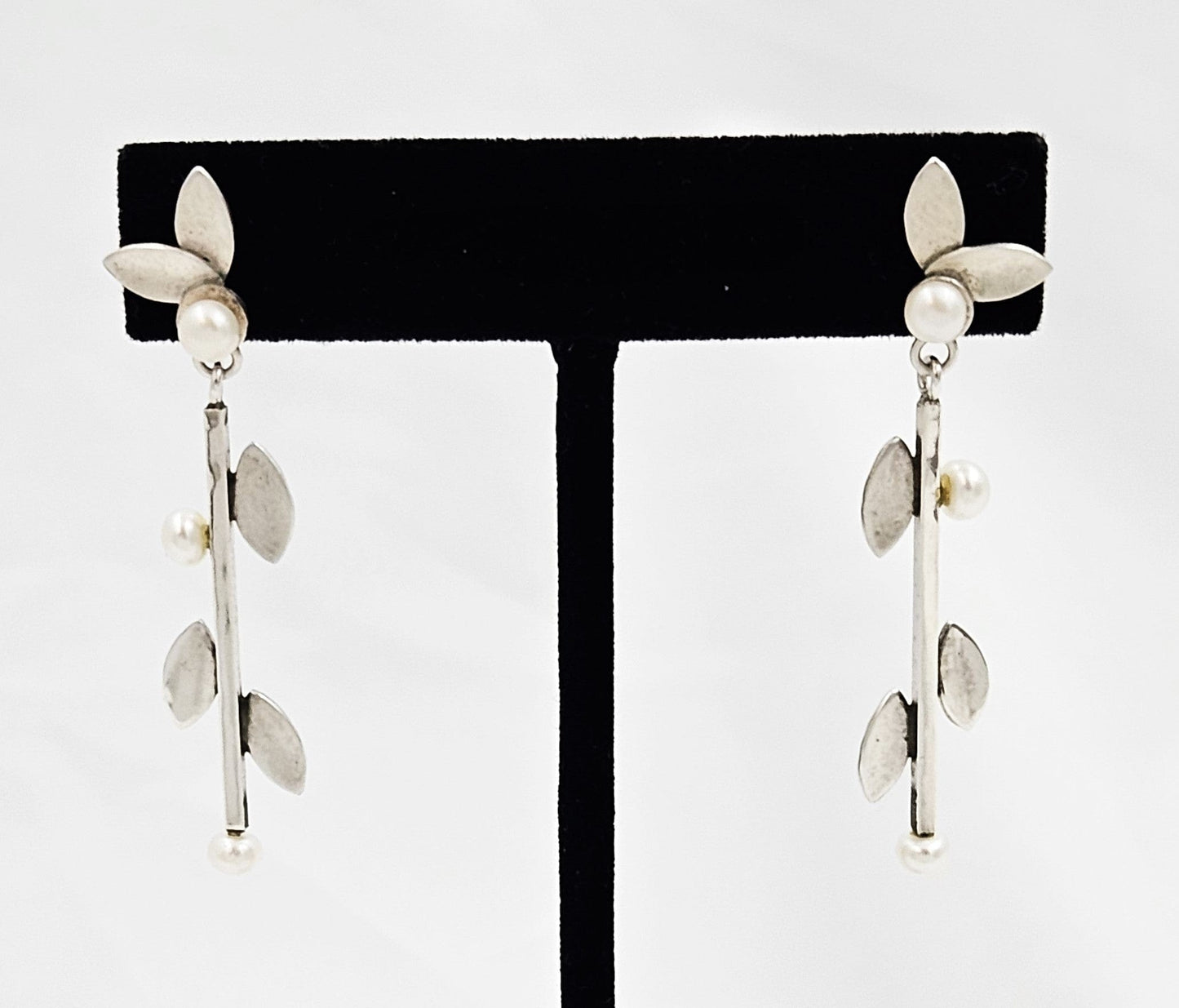TMCMH Jewelry Artisan Signed Sterling Silver Blister Pearl Modernist Long Drop Earrings