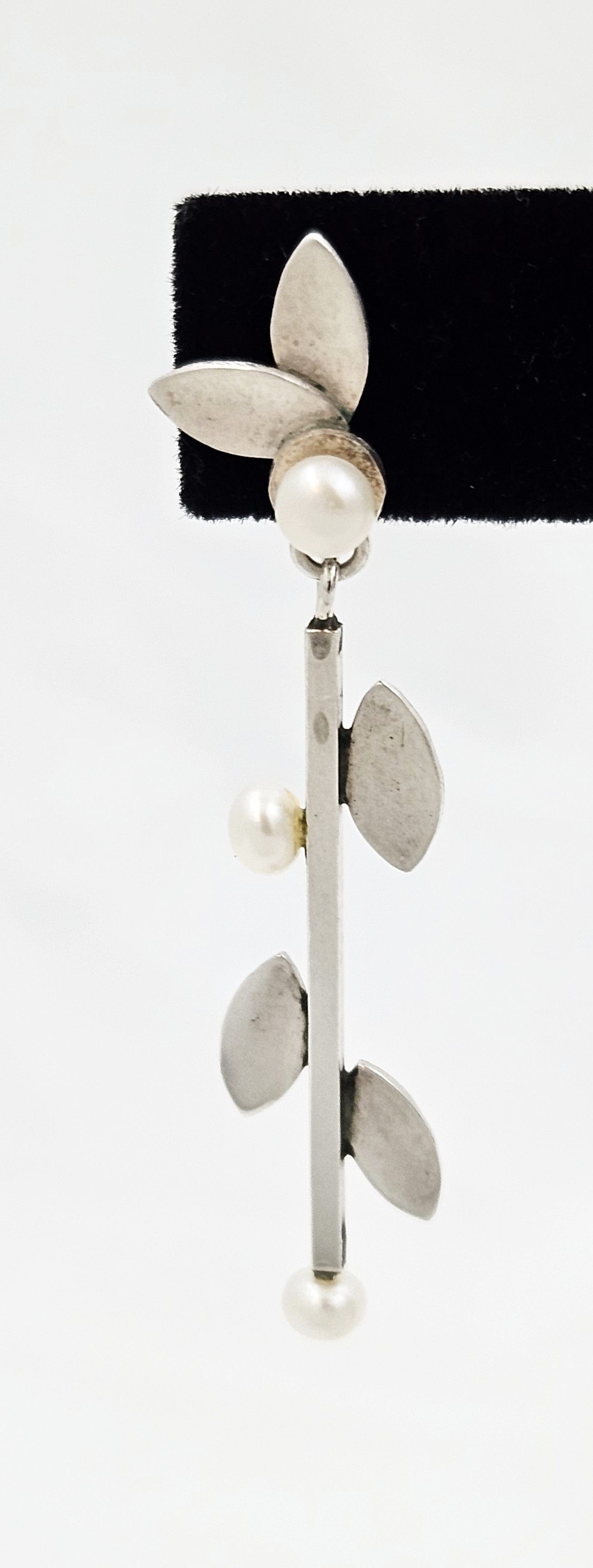 TMCMH Jewelry Artisan Signed Sterling Silver Blister Pearl Modernist Long Drop Earrings