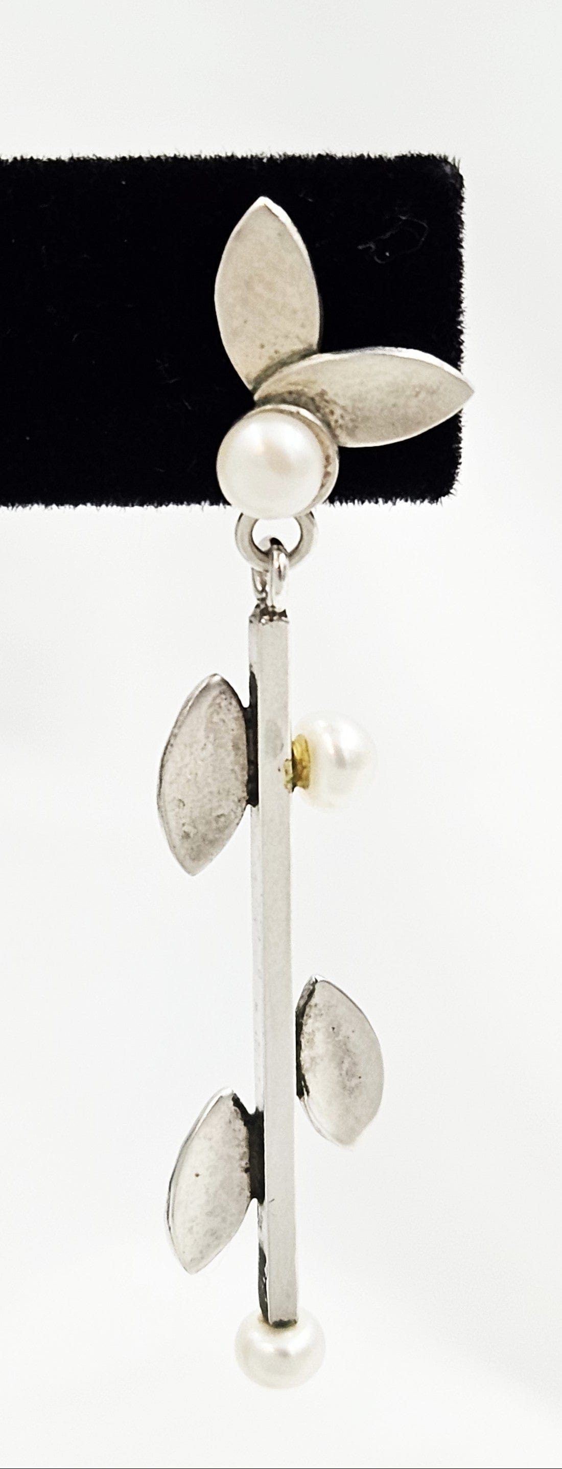 TMCMH Jewelry Artisan Signed Sterling Silver Blister Pearl Modernist Long Drop Earrings