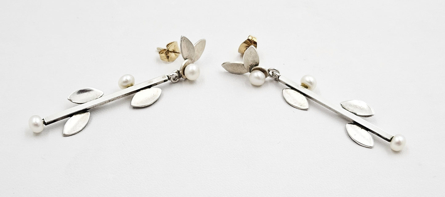 TMCMH Jewelry Artisan Signed Sterling Silver Blister Pearl Modernist Long Drop Earrings
