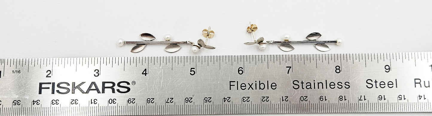 TMCMH Jewelry Artisan Signed Sterling Silver Blister Pearl Modernist Long Drop Earrings