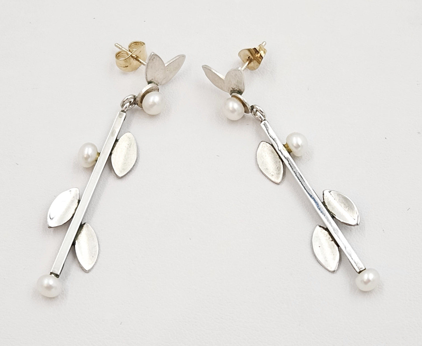 TMCMH Jewelry Artisan Signed Sterling Silver Blister Pearl Modernist Long Drop Earrings