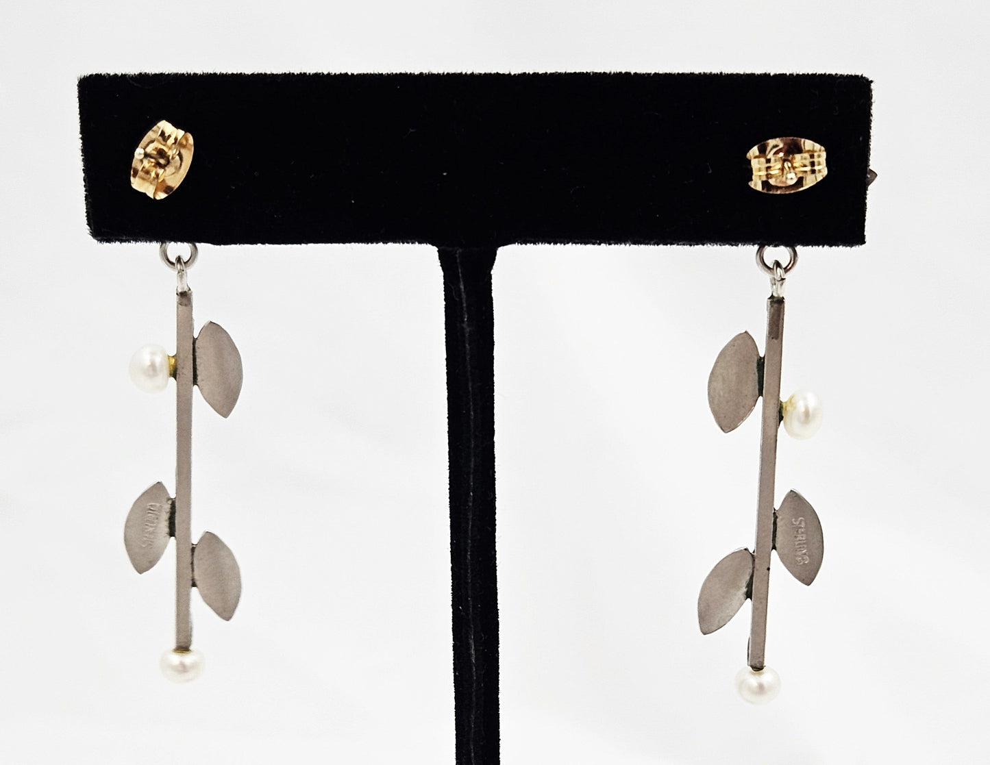 TMCMH Jewelry Artisan Signed Sterling Silver Blister Pearl Modernist Long Drop Earrings