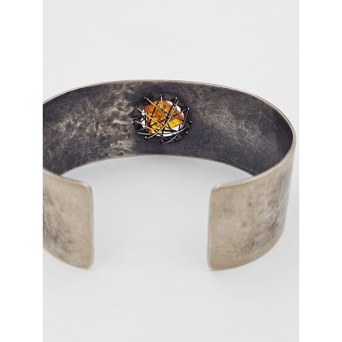 TMCMH Jewelry Sterling & Amber Artisan Signed Modernist Cuff Bracelet