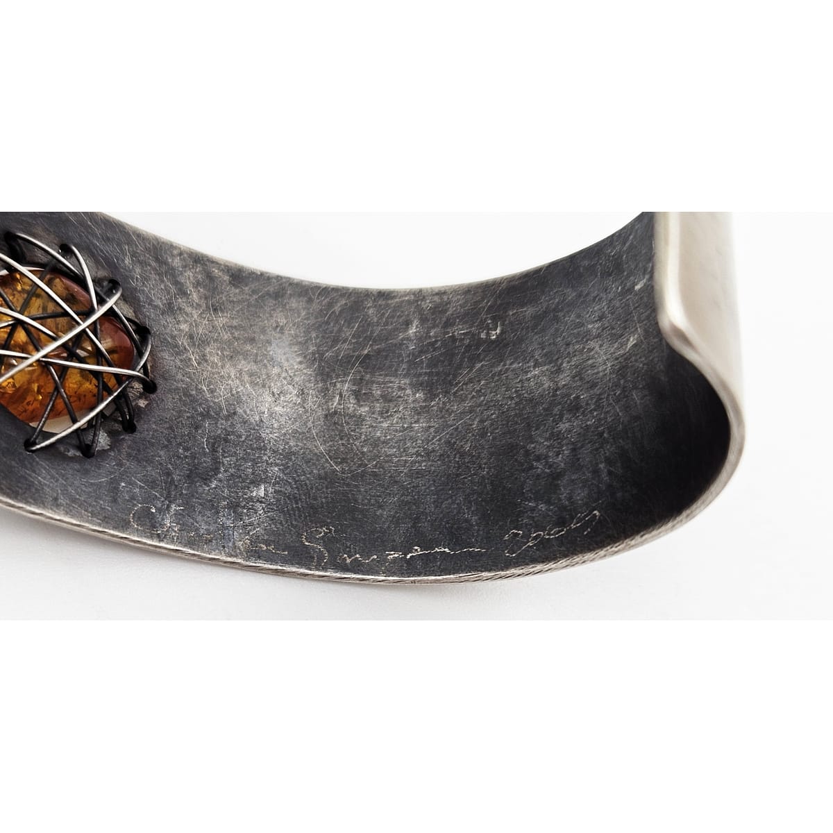 TMCMH Jewelry Sterling & Amber Artisan Signed Modernist Cuff Bracelet