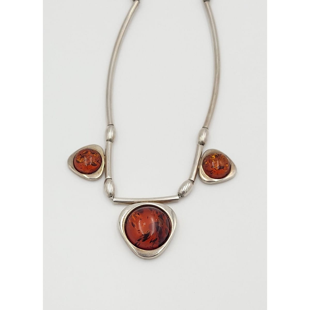AM Jewelry Vintage Designer AM Sterling Silver & Baltic Amber Modernist 3 Pendant Necklace