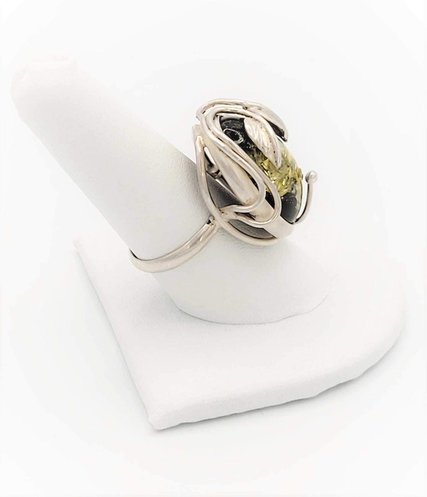 Amber Sterling Jewelry Vintage Sterling Silver & Amber Abstract Fauna Large Statement Cocktail Ring
