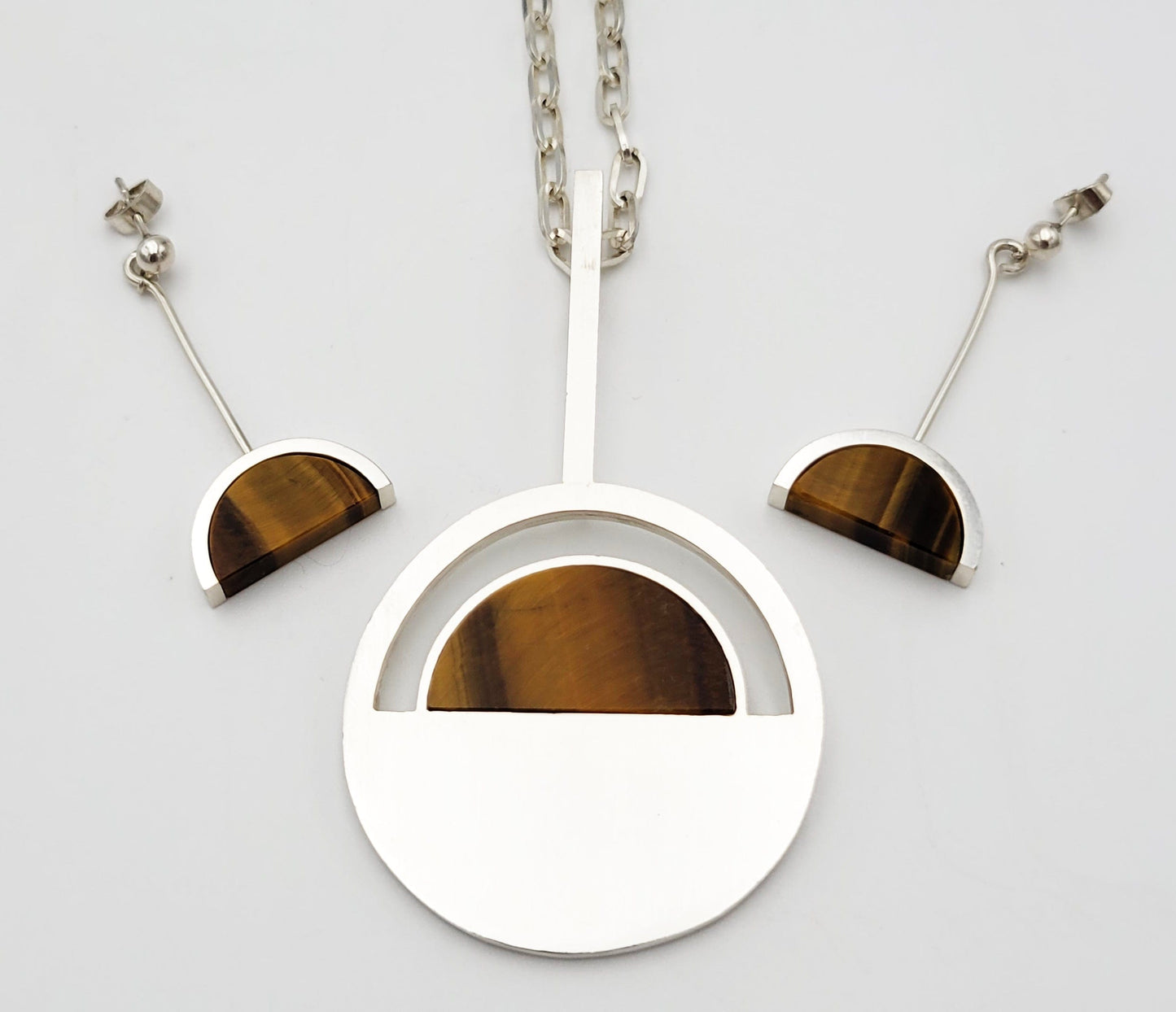 Arne Johansen Jewelry Danish Designer Arne Johansen Modernist Sterling Tigers Eye Necklace Earring Set