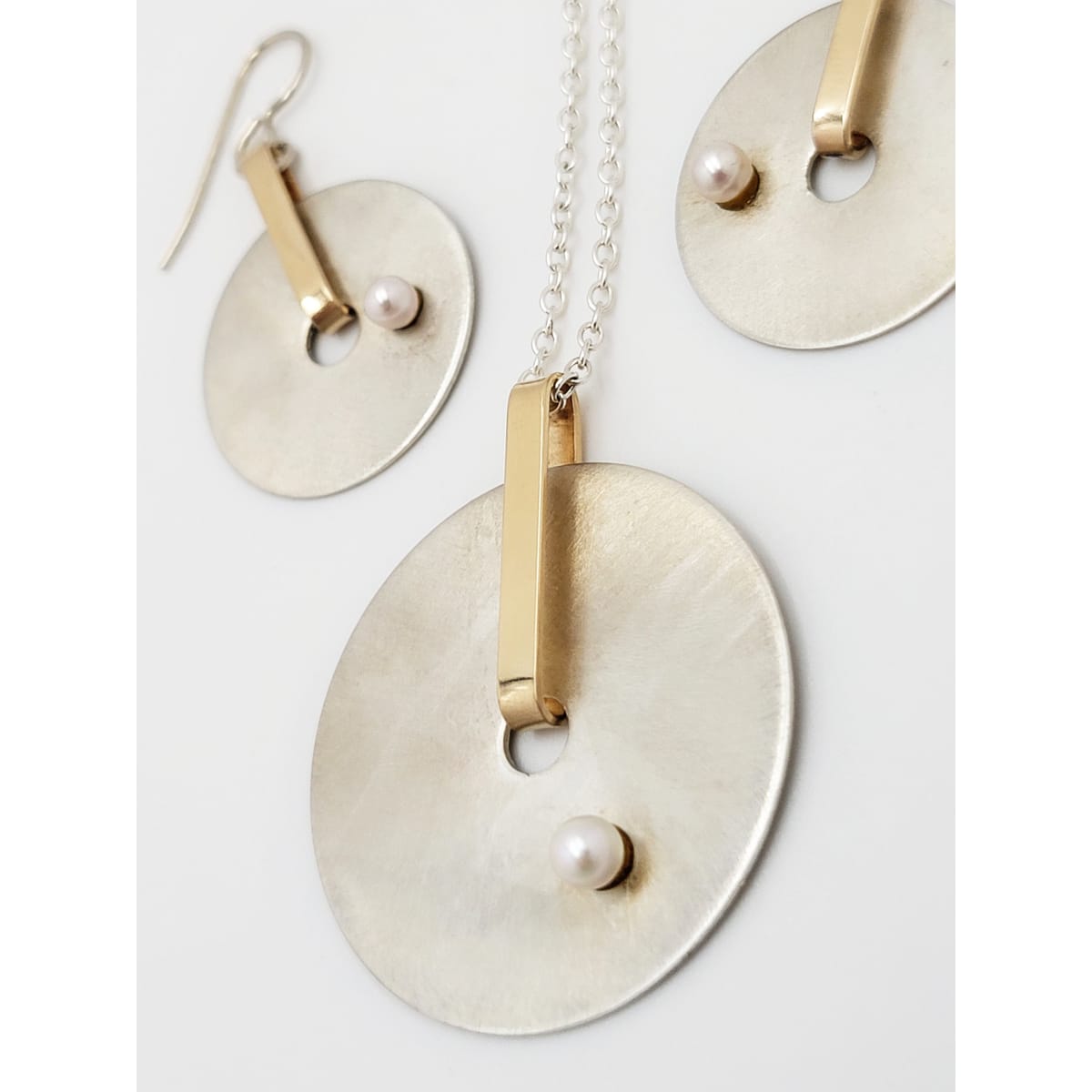 B Levy Jewelry Artisan Signed B Levy Modernist Sterling 14K Gold Pearl Necklace Earring Set