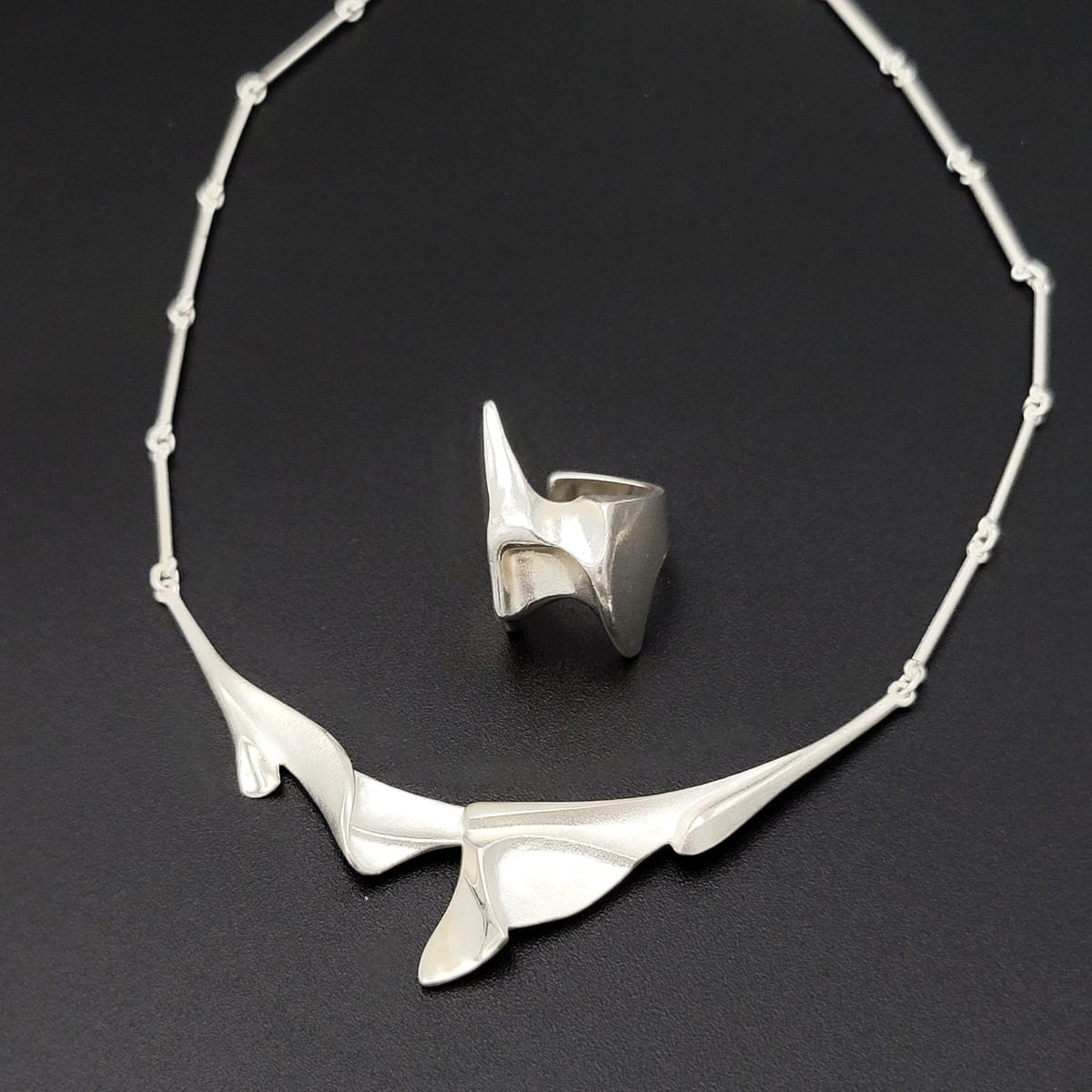 Bjorn Weckstrom Lapponia Jewelry Bjorn Weckstrom Lapponia Finland Sterling Abstract Modernist Necklace & Ring Set