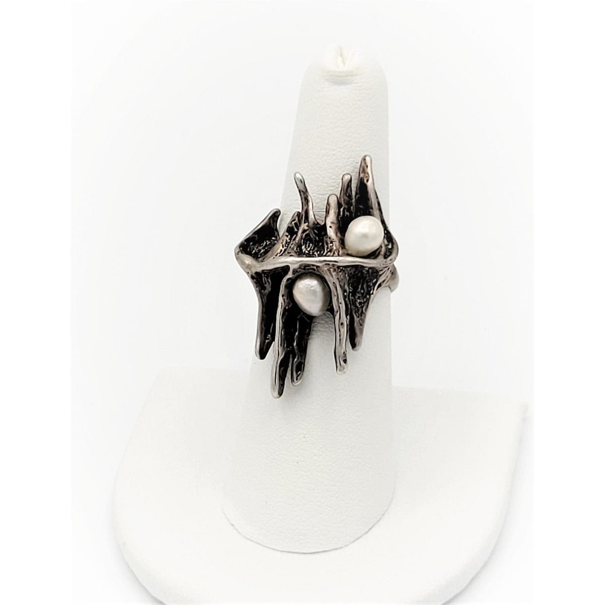 Brutalist Sterling Ring Jewelry Vintage Sterling Silver Modernist Abstract Brutalist Style Ring with 2 Accent Pearls