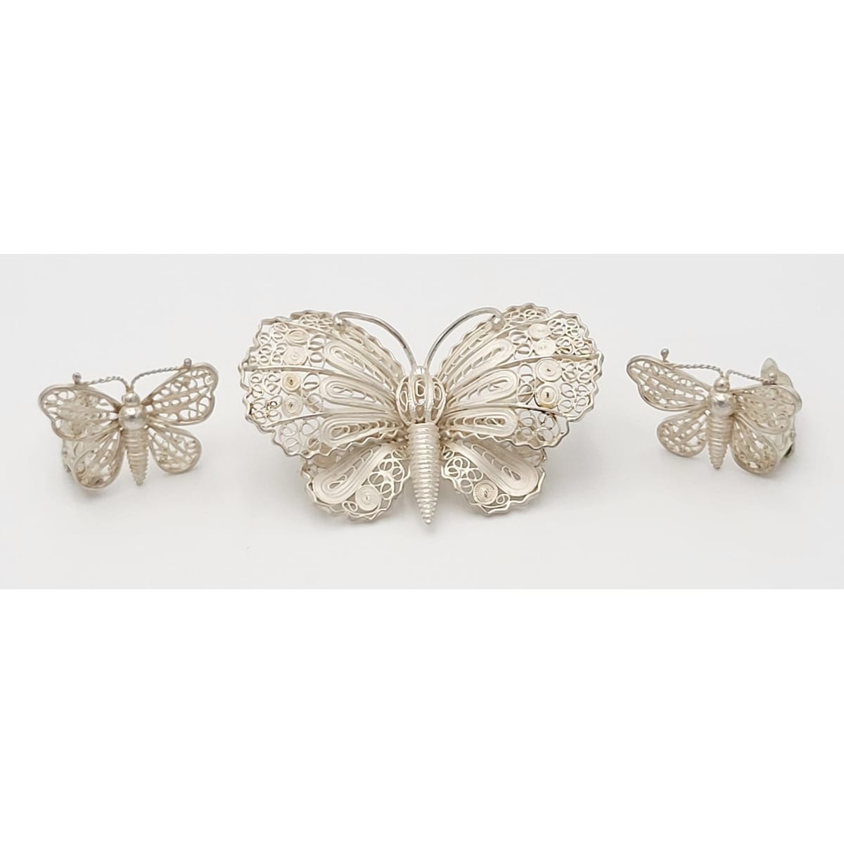 Danish Sterling Jewelry US Imported Danish Sterling Filagree Butterfly Brooch & Earring Set Circa 1930s
