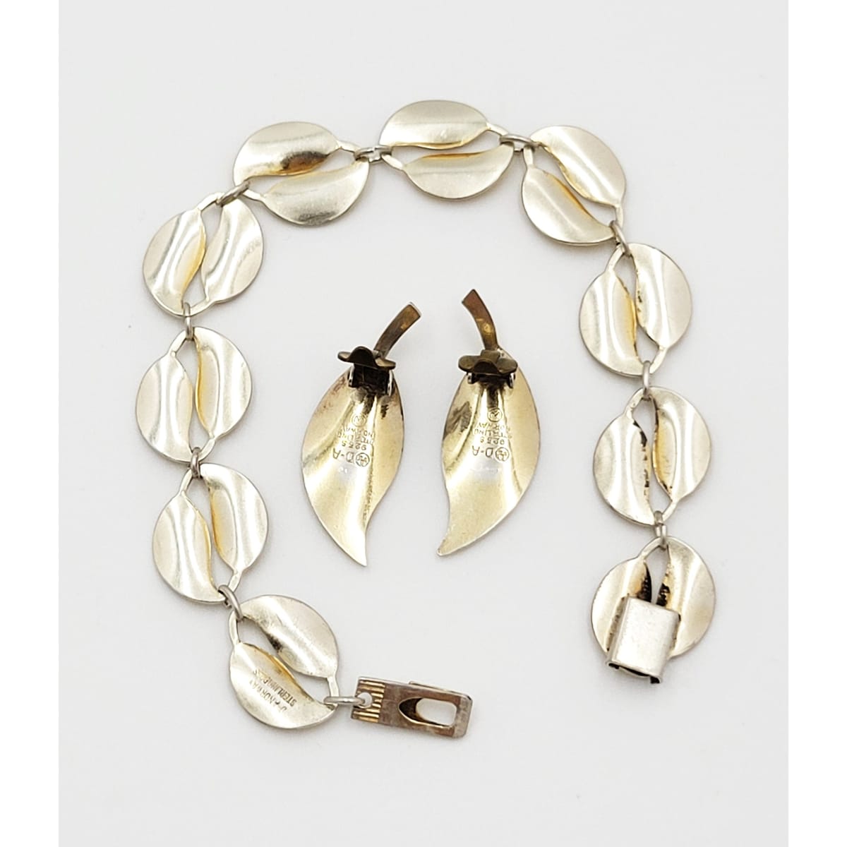 David Andersen Jewelry WW David Andersen Sterling Yellow Enamel Leaf Bracelet Earrings Set 1950&