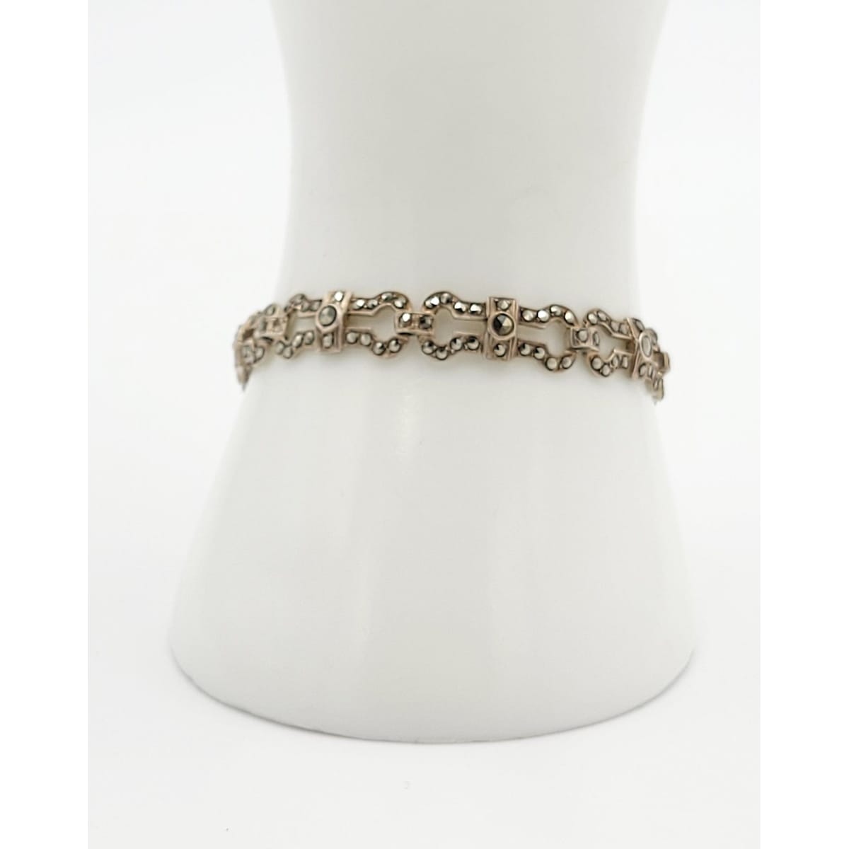 MP Netherlands Jewelry Dutch Designer Sterling & Chocolate Marcasite Art Deco Panel Links Bracelet 1959