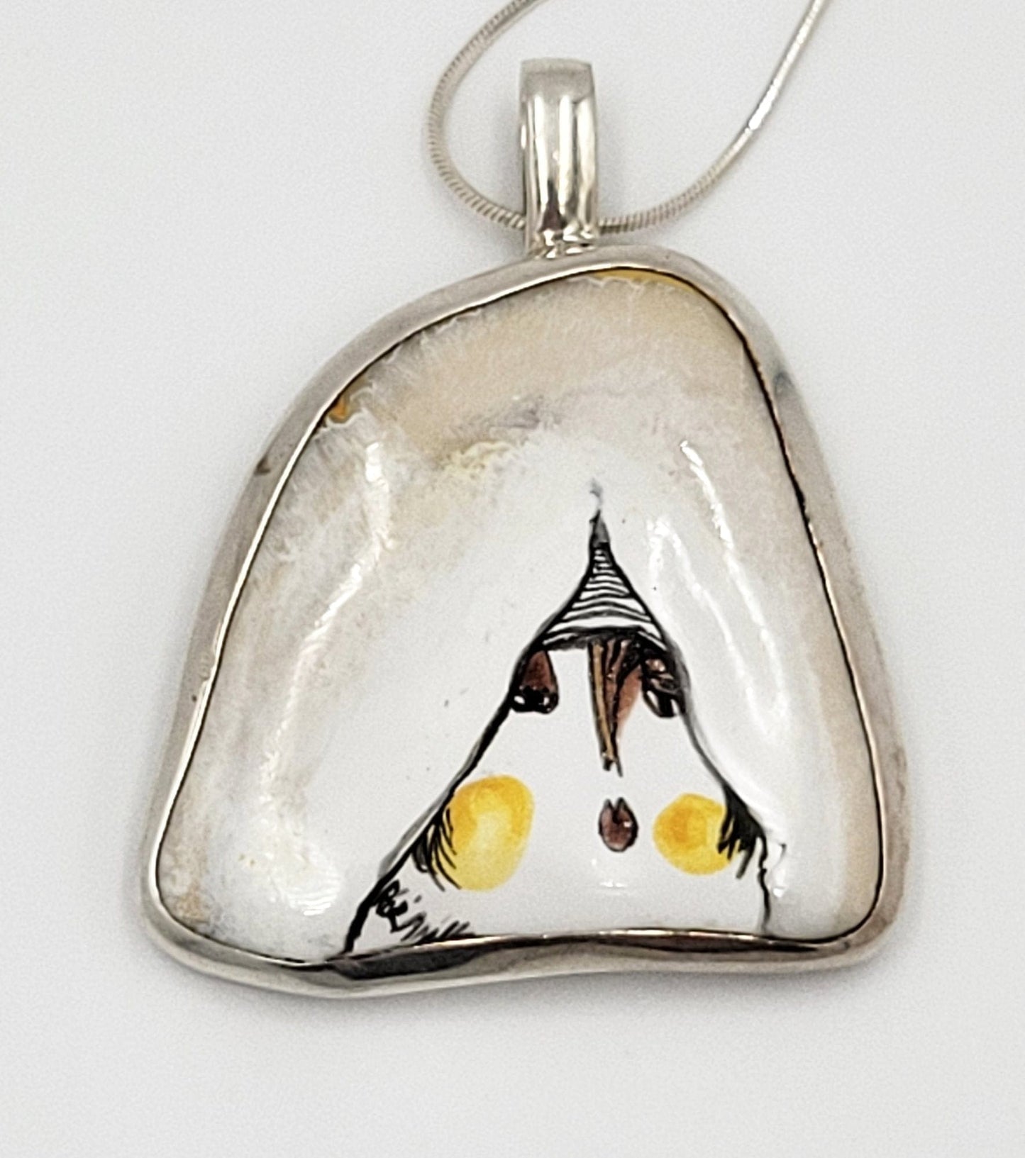 ED Poland Jewelry Vintage Polish Sterling Silver & Enamelled Porcelain Modernist Female Face Pendant Necklace