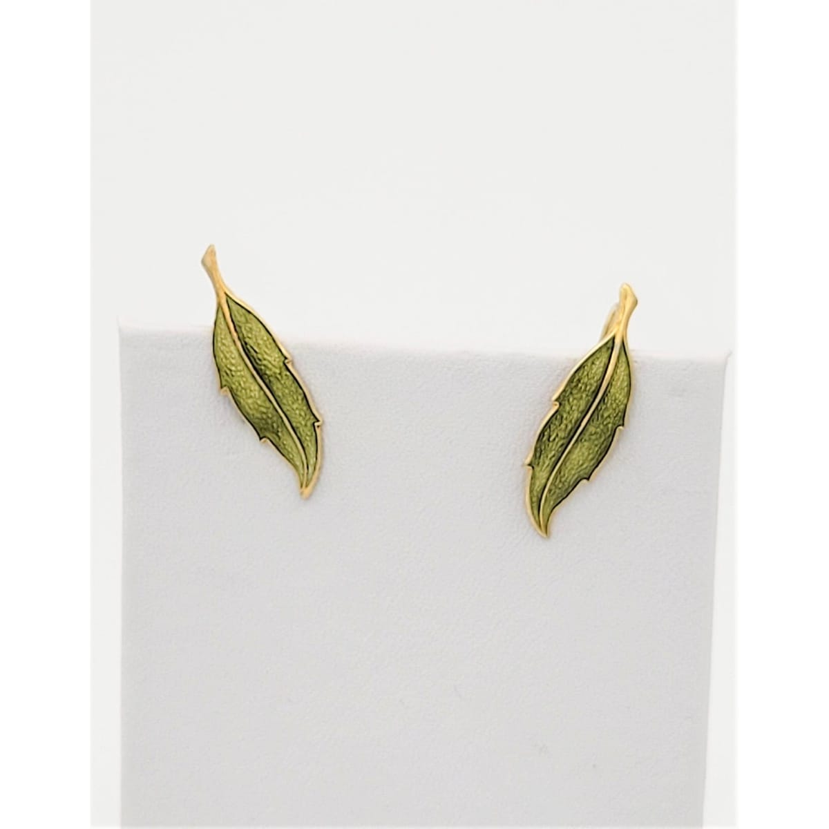 Finn Jensen Jewelry Designer Finn Jensen Norway Sterling Olive Green Enamel Leaf Earrings 1950s