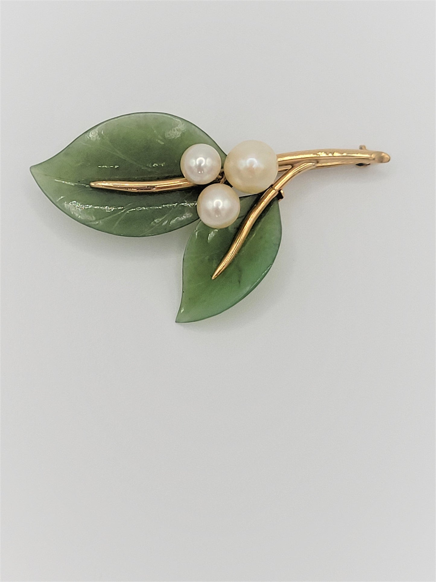 Gump's Jewelry Vintage Gumps 14k Gold Pearl Green Jade Flora Fauna Brooch RARE Mint Condition!