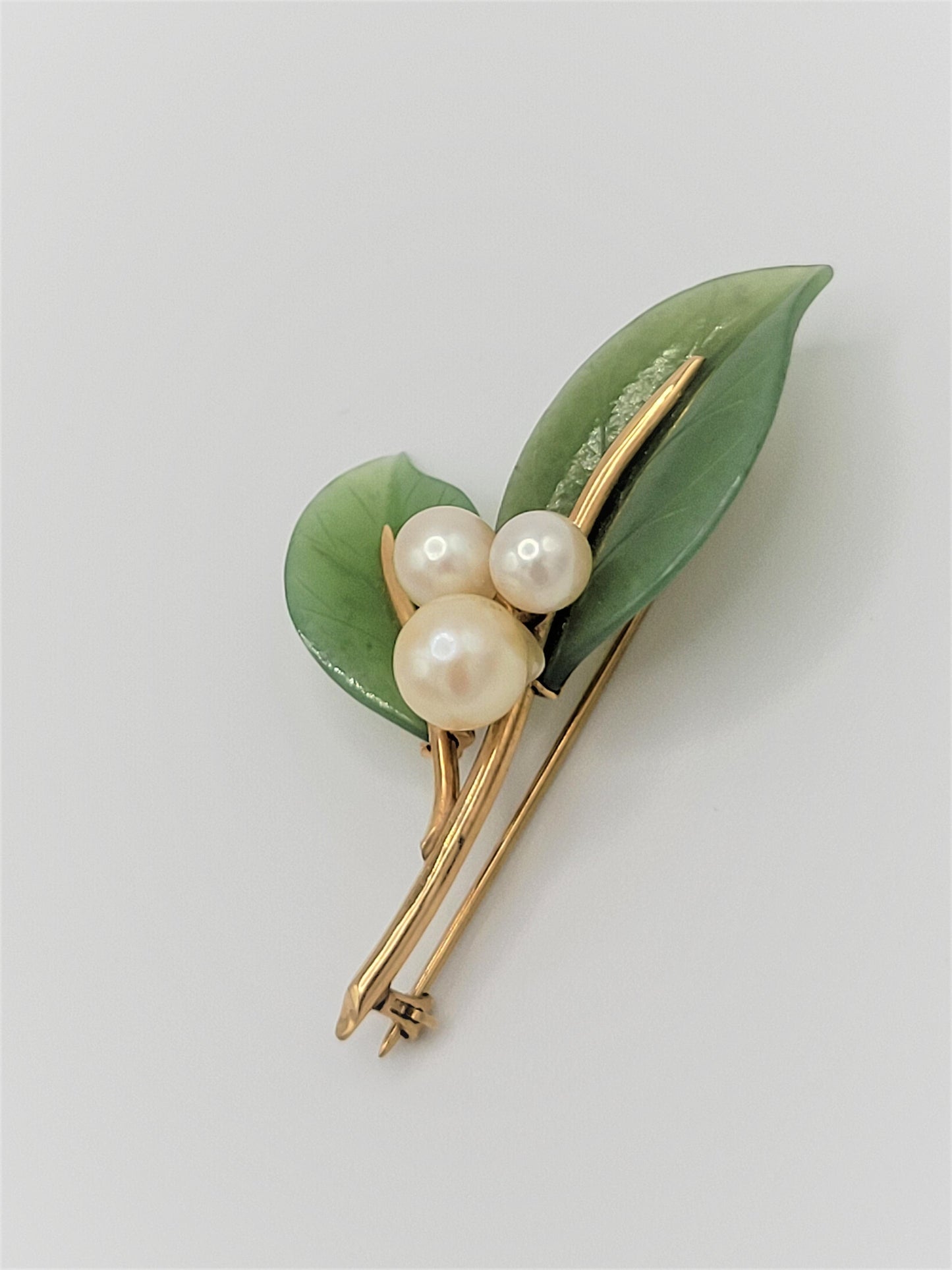 Gump's Jewelry Vintage Gumps 14k Gold Pearl Green Jade Flora Fauna Brooch RARE Mint Condition!
