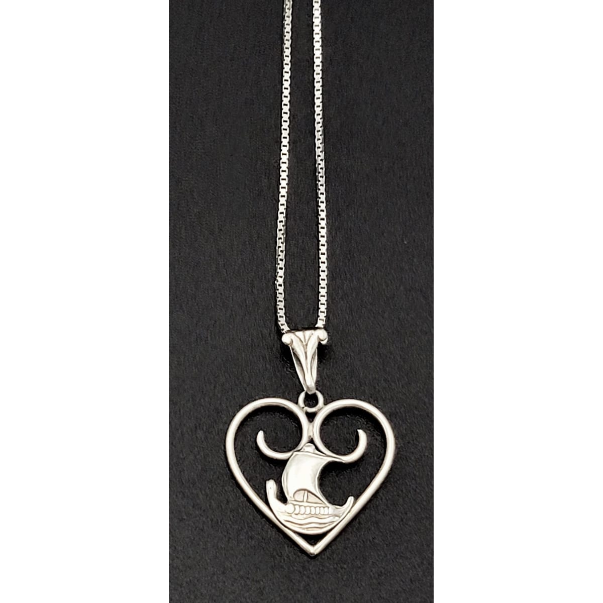 Hingelberg Denmark Jewelry Sterling Viking Longboat Ship inside Heart Pendant Necklace Denmark Signed 1950s