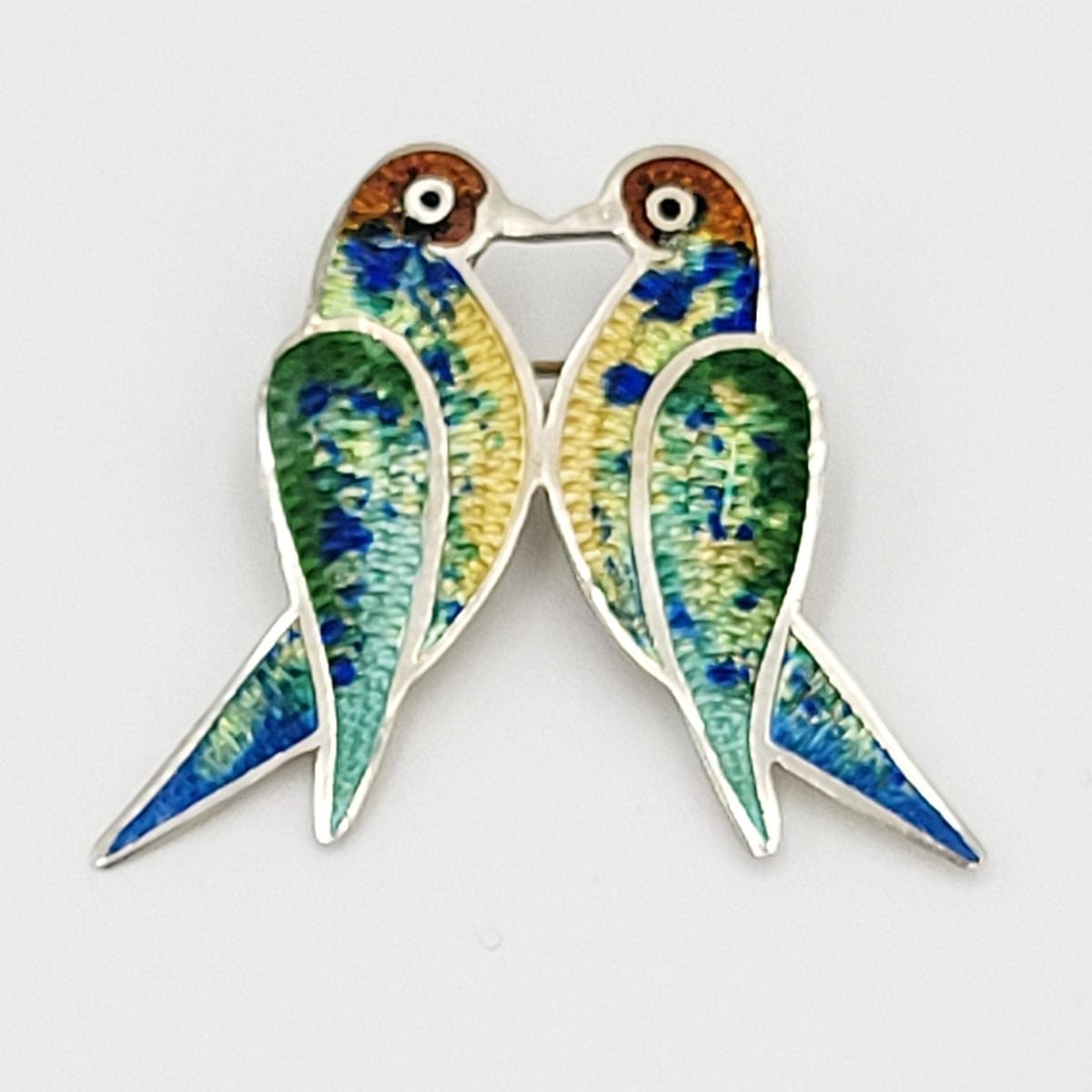 Jeronimo Fuentes Jewelry Jeronimo Fuentes of Margot de Taxco Sterling Enamel Love Birds Brooch 1950s