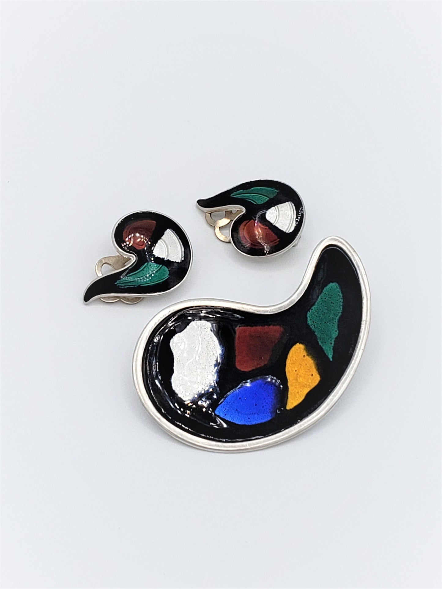 Knut Andreas Rasmussen Jewelry Knut Andreas Rasmussen Sterling Enamel Modernist Earrings Brooch RARE Set 1940s