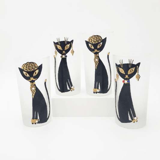 Libbey Barware Rare Libbey Gold & Jeweled Maida Amour Parisian Cats Glassware Set 1950s