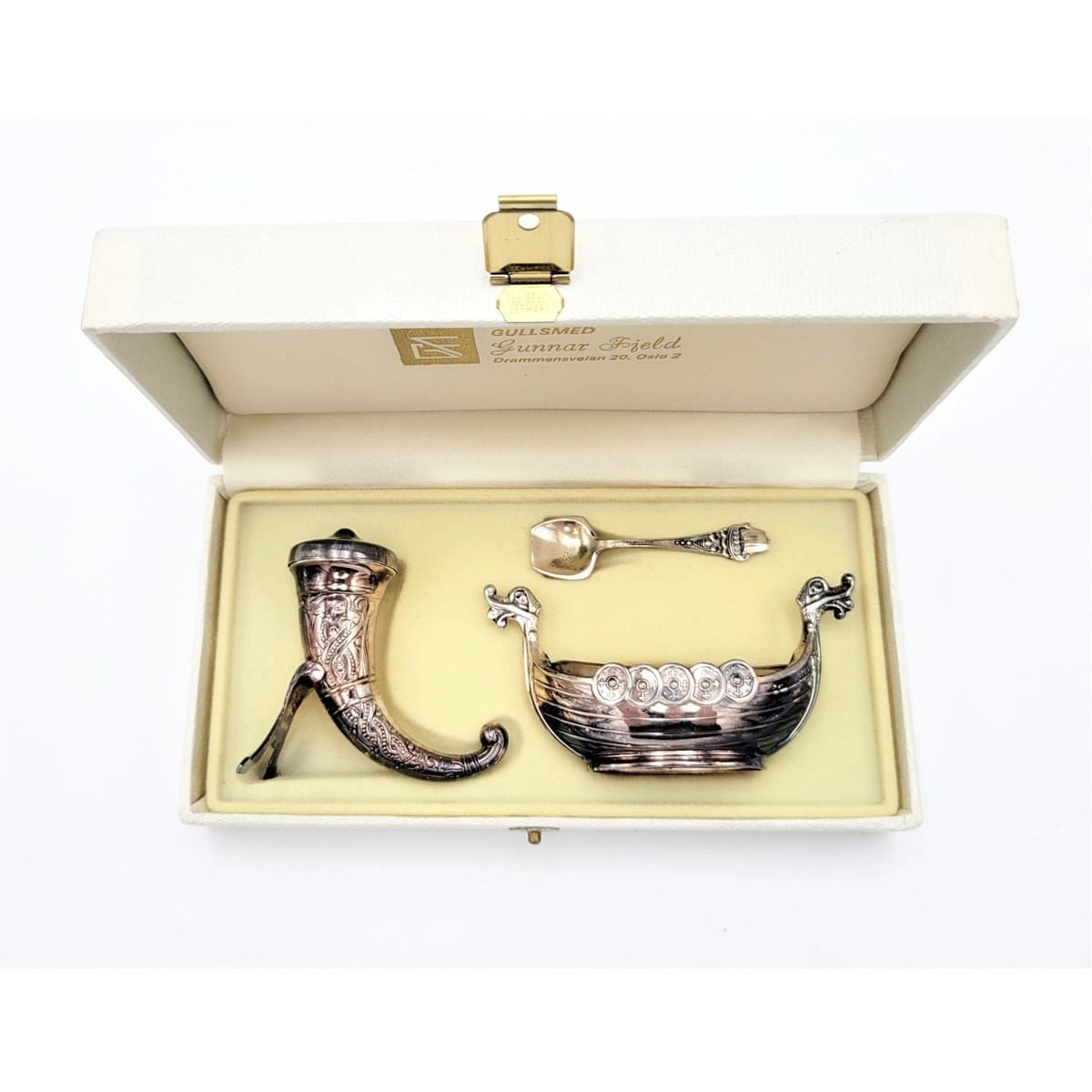 Magnus Aase Serveware RARE Magnus Aase Norway STERLING Viking Ship Salt Cellar Set in Original Box!